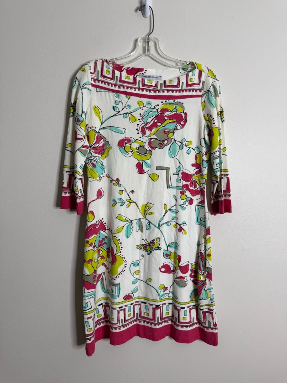 Barbara Gerwit Colorful Floral Shift Dress with Pink Trim Medium M